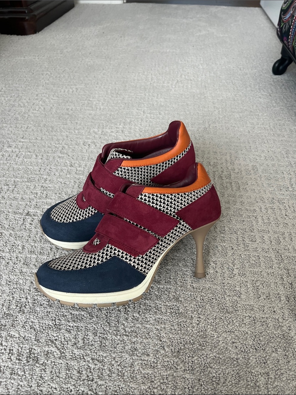 Mixed-Color Heeled Sneakers in Burgundy, Navy and Orange size 6 like new